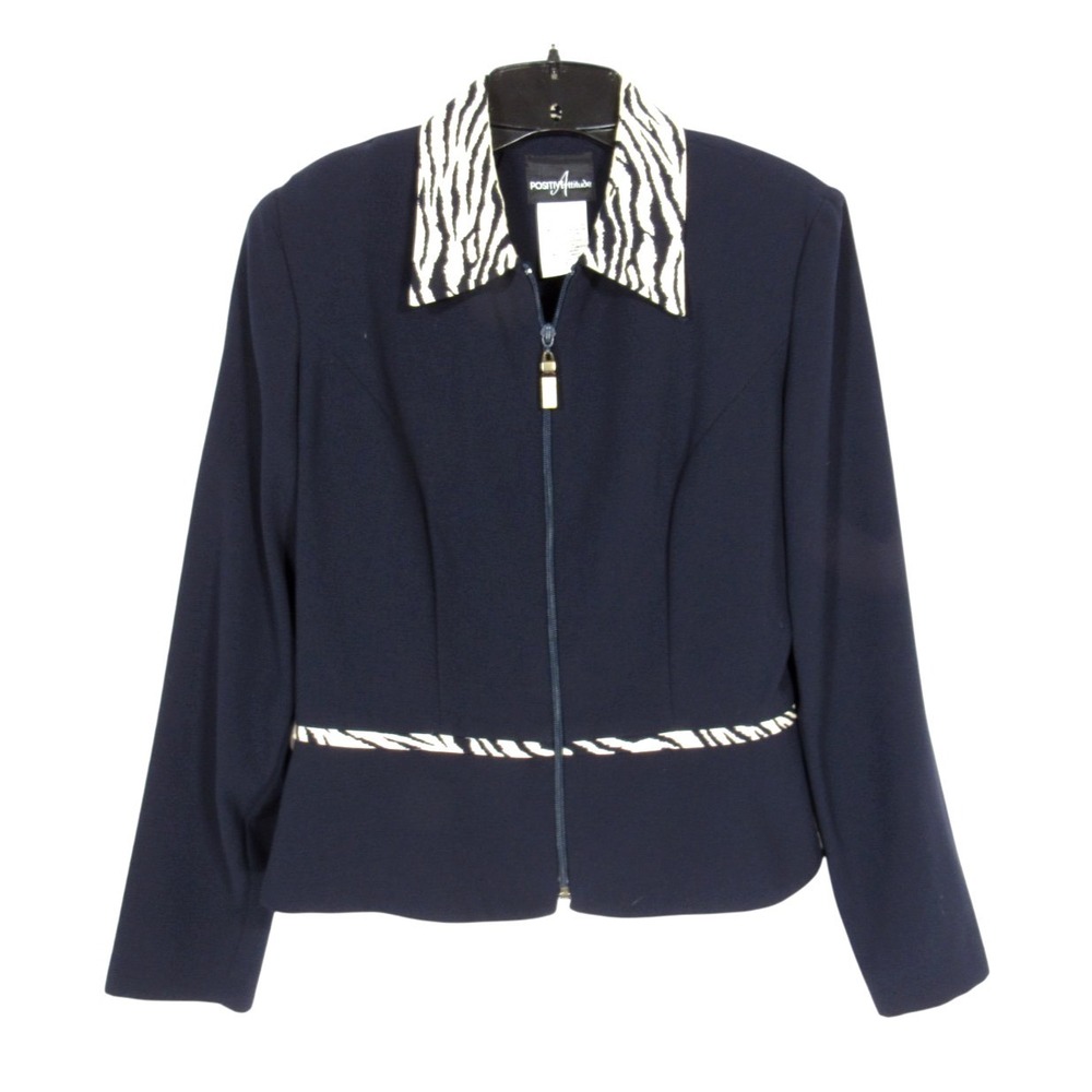 VTG POSITIVE ATTITUDE Crepe TWILL Full-Zip ANIMAL PRINT TRIM Jacket/Blazer Sz 8